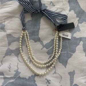 J. Crew Pearl Necklace with Blue Gingham Ribbon